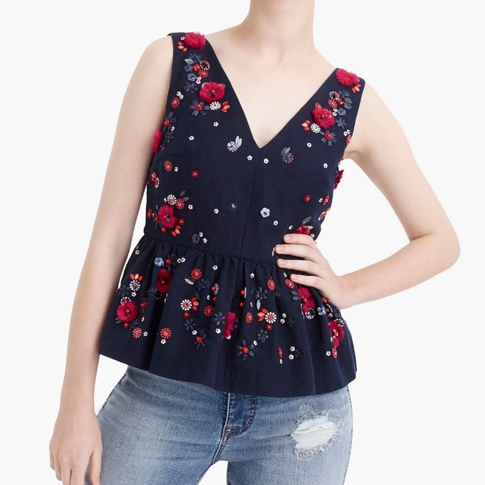 NWT J. Crew Navy Blue Hand Embellished Linen/ Cotton Peplum Tank Size 4 - Picture 6 of 13